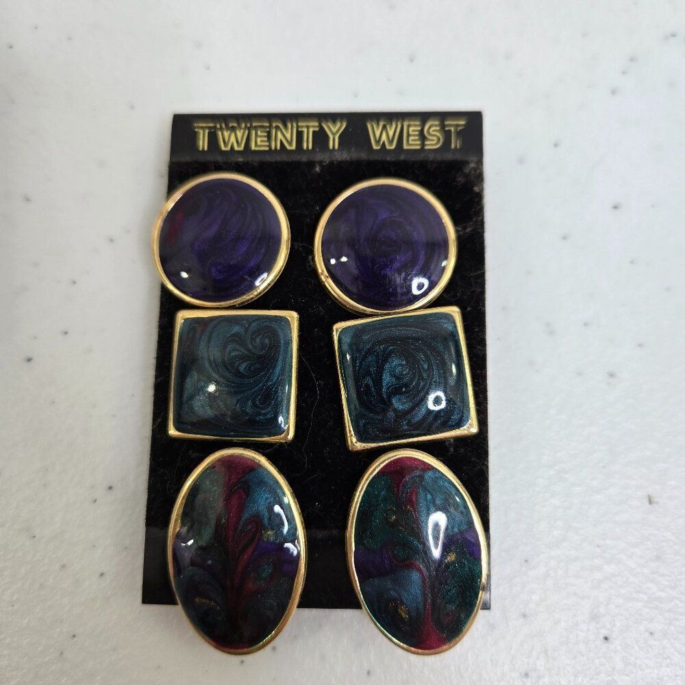 Vintage Earrings New Swirl Purple Blue Gold Tone Pierced Lot of 3 Twenty West 80